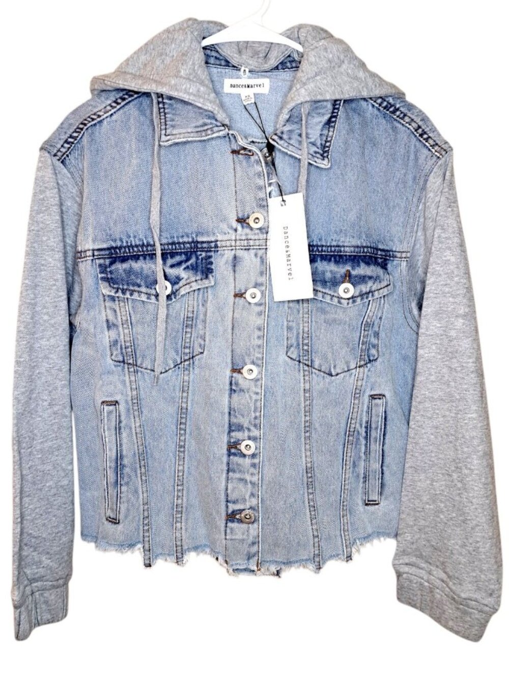 NEW Dance & Marvel Women Jean Jacket raw hem size XS Light Wash Detachable Hood
